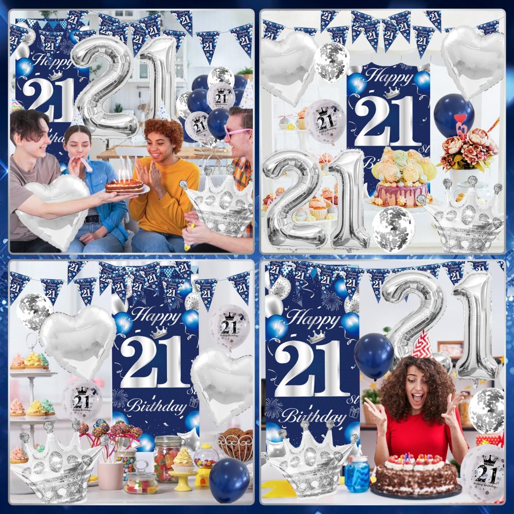 21th Birthday Decorations for Boys Girls Blue and Silver, 21th Birthday Banner Balloons Birthday Balloons Happy Birthday Backdrop Door Banner Number 21 Foil Balloons Party Decorations - Image 2