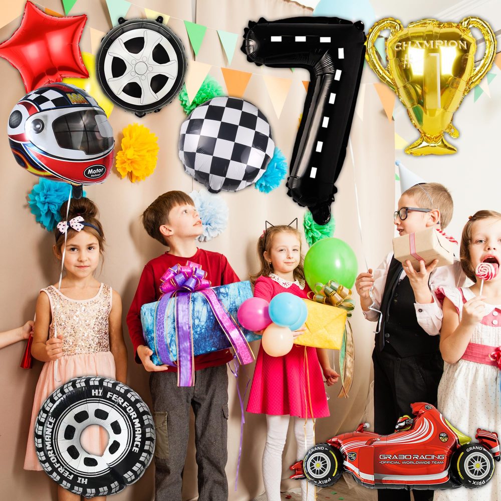 Racing Car 7th Birthday Decorations - 15 Pieces Race Car Helmet Tire Checkered Flag Shape Balloons, 40 Inch Number 7 Foil Balloon, Boys 7 Years Old Birthday Theme Party Supplies - Image 5