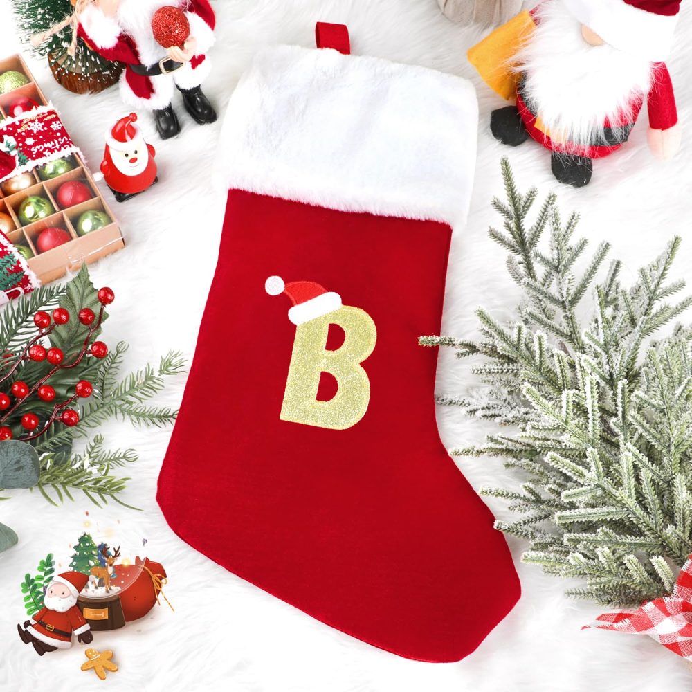SULOLI 20 Inches Monogram Christmas Stockings with Letters,Super Soft Plush Christmas Stockings Large Embroidered Stockings Red Letter Stockings for Christmas Holiday Xmas Gift(B) - Image 5