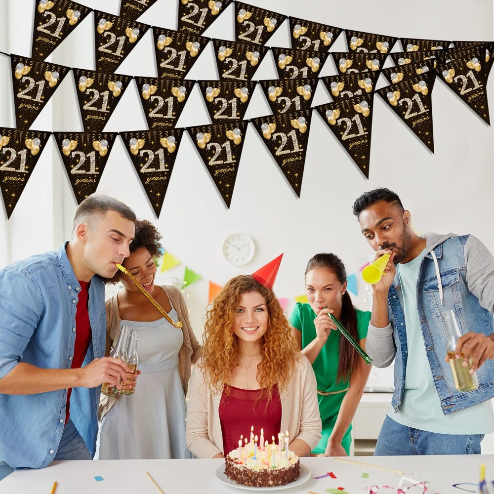 21th birthday bunting, Happy Banner Bunting Flags, 40 Pieces Triangle Gold Black Glitter Diamond by Numbers 21th Birthday Anniversary Theme Party Decoration Supplies - Image 4