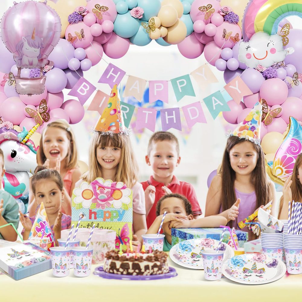 yosiio Unicorn Party Tableware Set, Butterfly Theme Party Supplies, Unicorn Birthday Decoration Set, Paper Plates with Butterfly Balloons for Kids' Birthday Baby Shower 16 Guests - Image 3