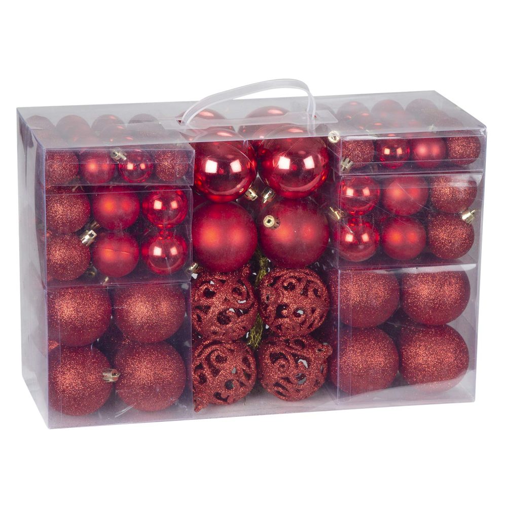 Bravich 100 Pieces Shatterproof Baubles Set. Christmas Tree Decorations Ornament Balls With Hooks & String Hanging. Home Decor 3,4 & 6 CM Baubles-Matt, Shiny & Glitter Finish-Red