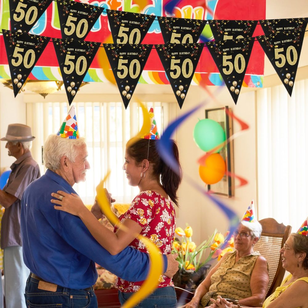 Happy 50th Birthday Banner Black Happy Birthday Banner Black Gold Party Decorations Bunting Flags Anniversary Party Supplies Decoration 50th Birthday Triangle Flag Banners for Men Women A8HJSJLQ (50) - Image 2