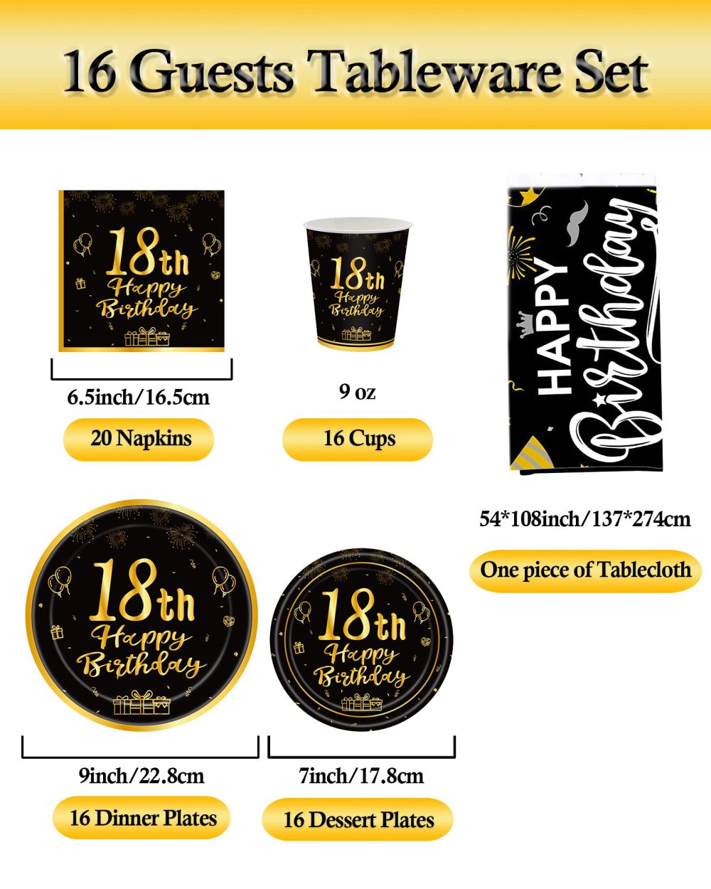VReder Black Gold 18th Birthday Decorations Paper Plates Napkins Tableware Table Cloth Set, Disposable Paper Party Tableware for Women Men 18th Birthday Party Decorations Table Supplies (16 Guests) - Image 2