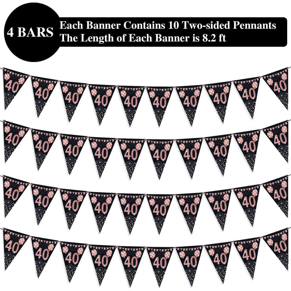 40th Birthday Bunting, Happy Banner Bunting Flags, 40 Pieces Triangle Rose Gold Glitter Diamond by Numbers 40th Birthday Anniversary Theme Party Decoration Supplies - Image 4