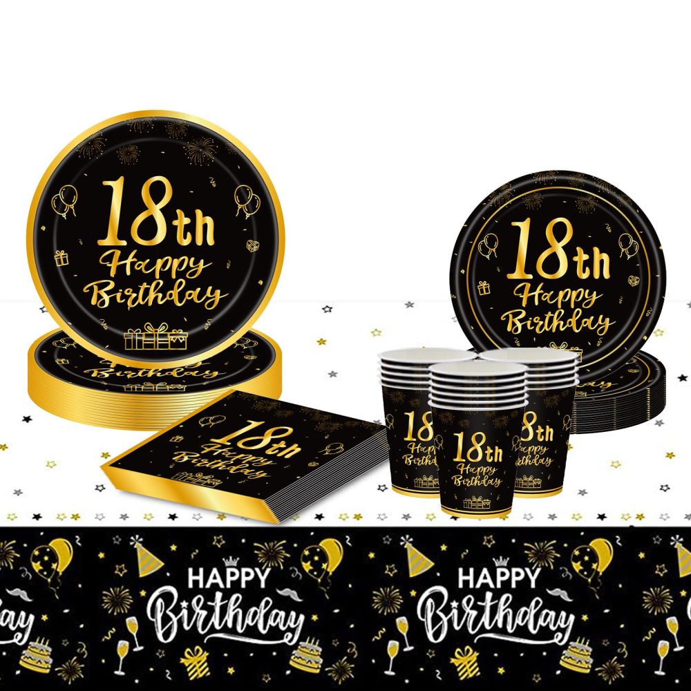 VReder Black Gold 18th Birthday Decorations Paper Plates Napkins Tableware Table Cloth Set, Disposable Paper Party Tableware for Women Men 18th Birthday Party Decorations Table Supplies (16 Guests)