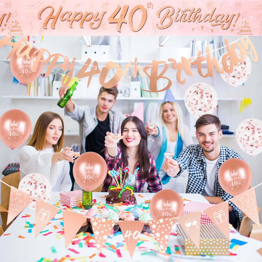 40th Birthday Decoration Kit Rose Gold Happy 40th Birthday Banner Triangle Flag Confetti Balloons Birthday Party Decorations Supplies Age 40 - Image 5