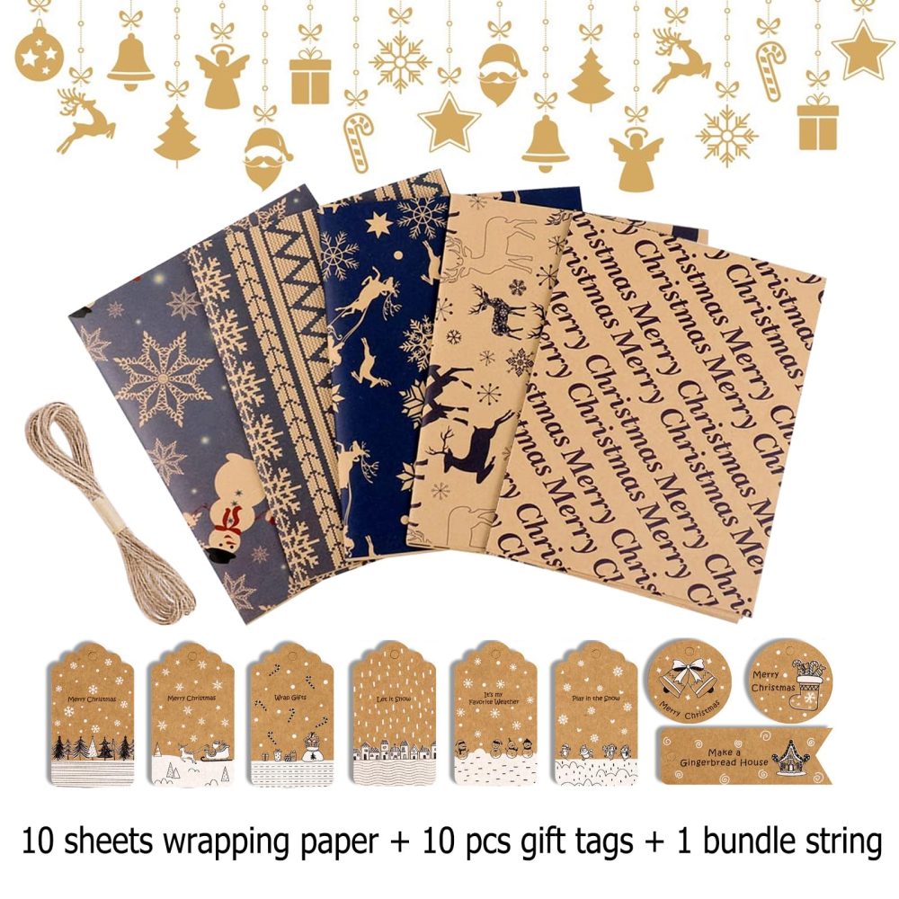 Jatidne 10 Christmas Wrapping Paper Sheets with Tags and String Xmas Wrapping Paper Kraft Gift Wrap - Image 6