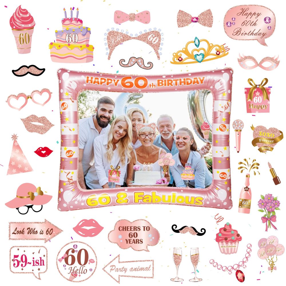 Rose Gold 60th Photo Props - 34 Pieces 60th Photo Booth Props Rose Gold Inflatable Selfie Frame 60th Birthday Photo Booth Props for Women Men 60th Birthday Party Supplies 60th Birthday Gift