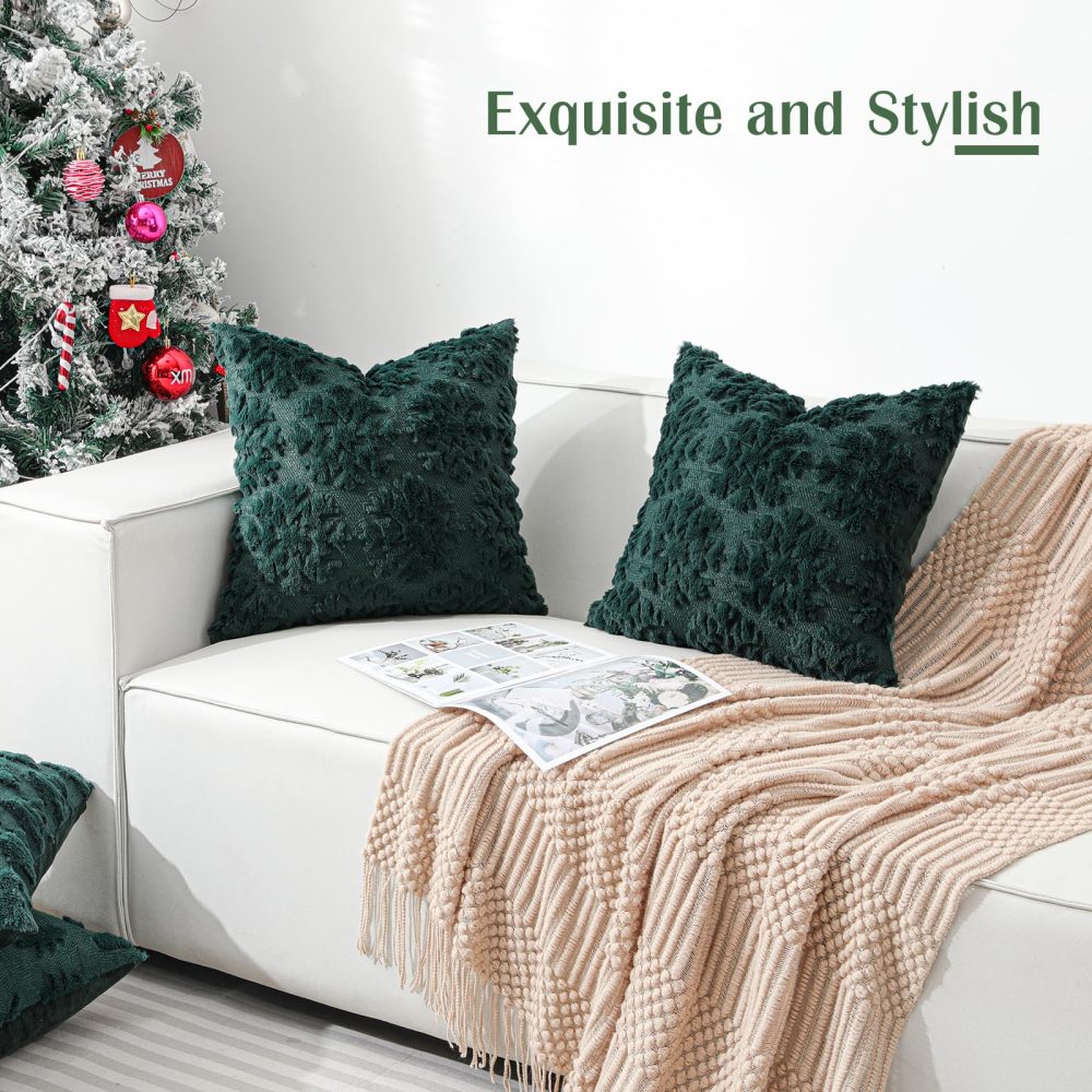 Lewondr Christmas Throw Pillow Cover 20x20, Set of 2 Super Soft Faux Fur Throw Pillow Covers Velvet 3D Snowflakes Embroidery Decorative Throw Pillowcase for Living Room Bed Couch Home Decor, Green - Image 7