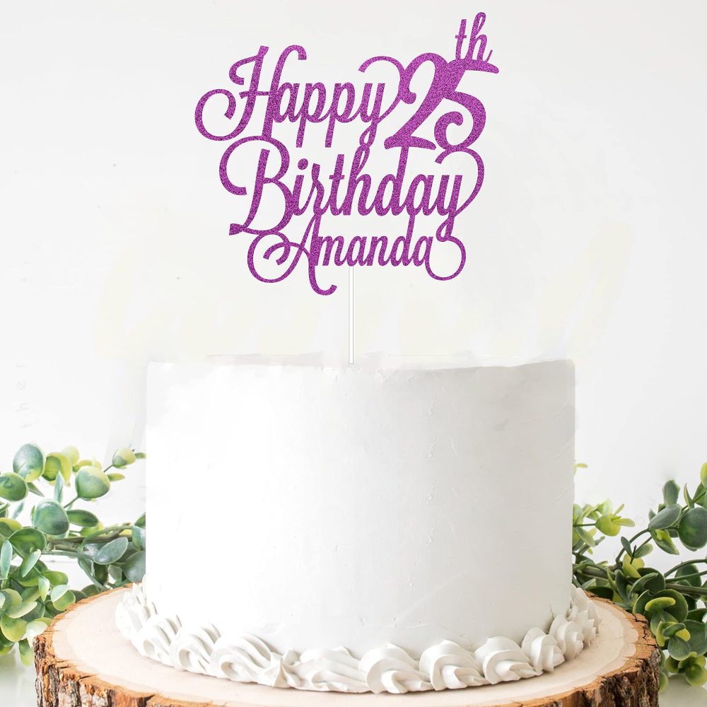 Personalised Happy Birthday Glitter Cake Topper Customised with Any Name & Any Age Party Cake Decoration for 1st 10th 13th 16th 18th 20th 21st 30th 40th 50th 60th 70th 80th (Purple) - Image 2