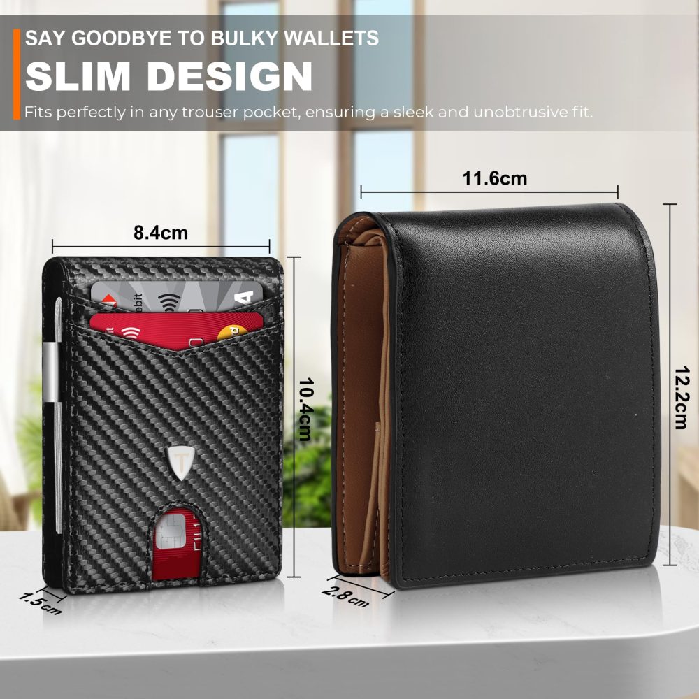 TEEHON Mens Wallets Slim RFID Blocking Carbon Fiber Leather Wallets Mens with up to 12 Credit Card Holder, Strong Money Clip & ID Window Minimalist Bi-Fold Wallets for Men UK with Gift Box - Black - Image 5