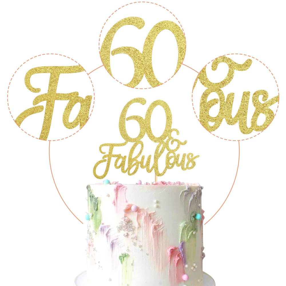 Gold Glittery 60 & Fabulous Birthday Cake Topper for 60th Birthday Party Decorations 60 Birthday Cake Decorations Supplies 3 Pack - Image 8