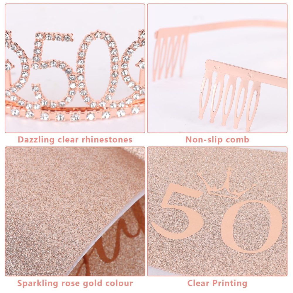 Iridsmole Rose Gold 50th Birthday Decorations for Women, 50th Birthday Sash and Tiara Rhinestone Crown, Rose Gold Happy Birthday Banner, Happy 50 Birthday Cake Topper for 50th Birthday Party Supplies - Image 4