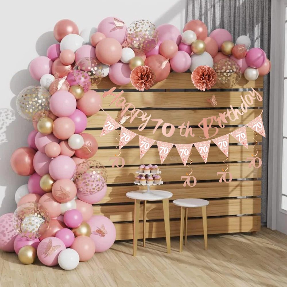Rose Gold 70th Birthday Banner - 33 Pieces Rose Gold Birthday Party Decor Strip Banner Triangle Flag Rose Gold Hanging Paper Flower Matte Rose Gold Sequins Balloon for Women 70th Birthday Party Decor - Image 2