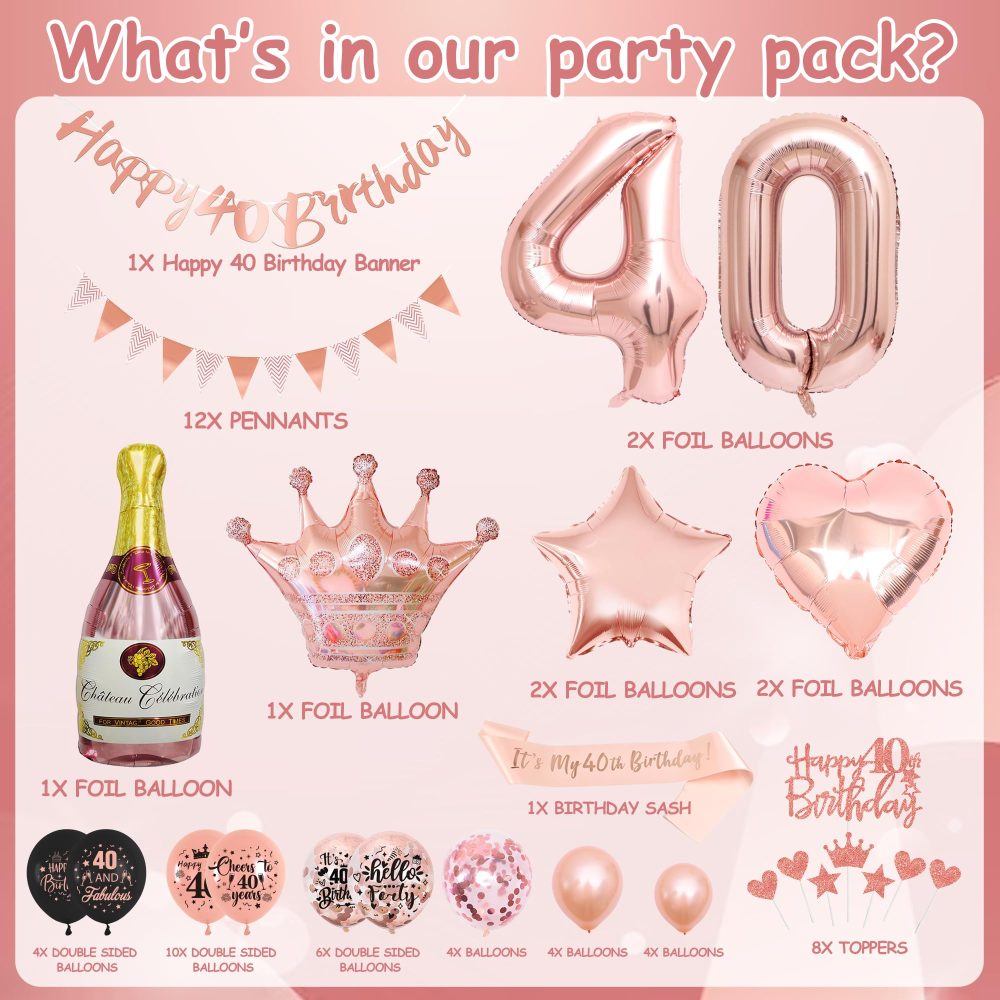 40th Birthday Decorations for Women - Rose Gold Balloons - 40th Rose Gold Birthday Decorations, Banner, Cake Topper, Cupcake Topper - Birthday Party Supplies Kit - Image 7