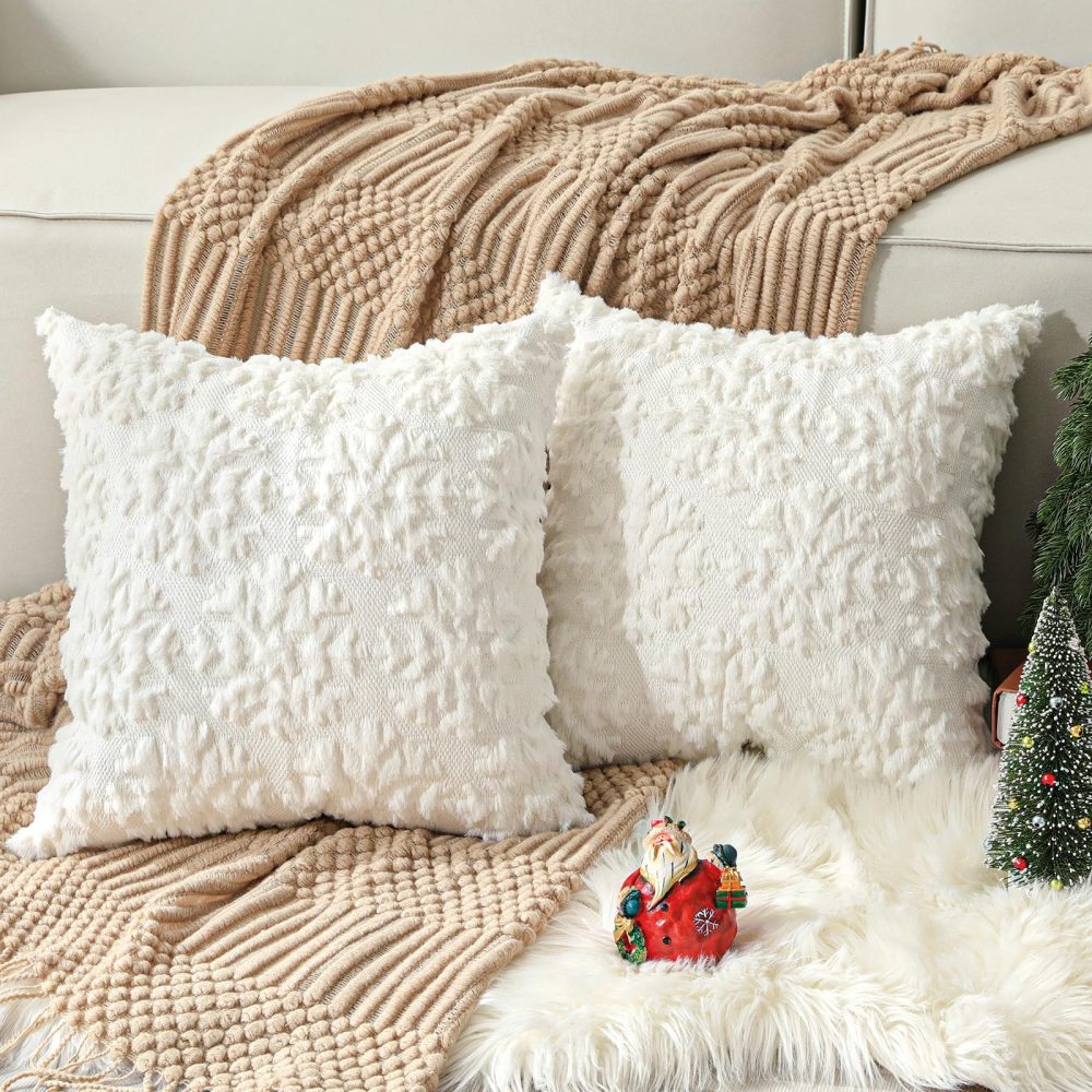 Lewondr Christmas Throw Pillow Cover 18x18, Set of 2 Super Soft Faux Fur Throw Pillow Covers Velvet 3D Snowflakes Embroidery Decorative Throw Pillowcase for Living Room Bed Couch Home Decor, White - Image 6