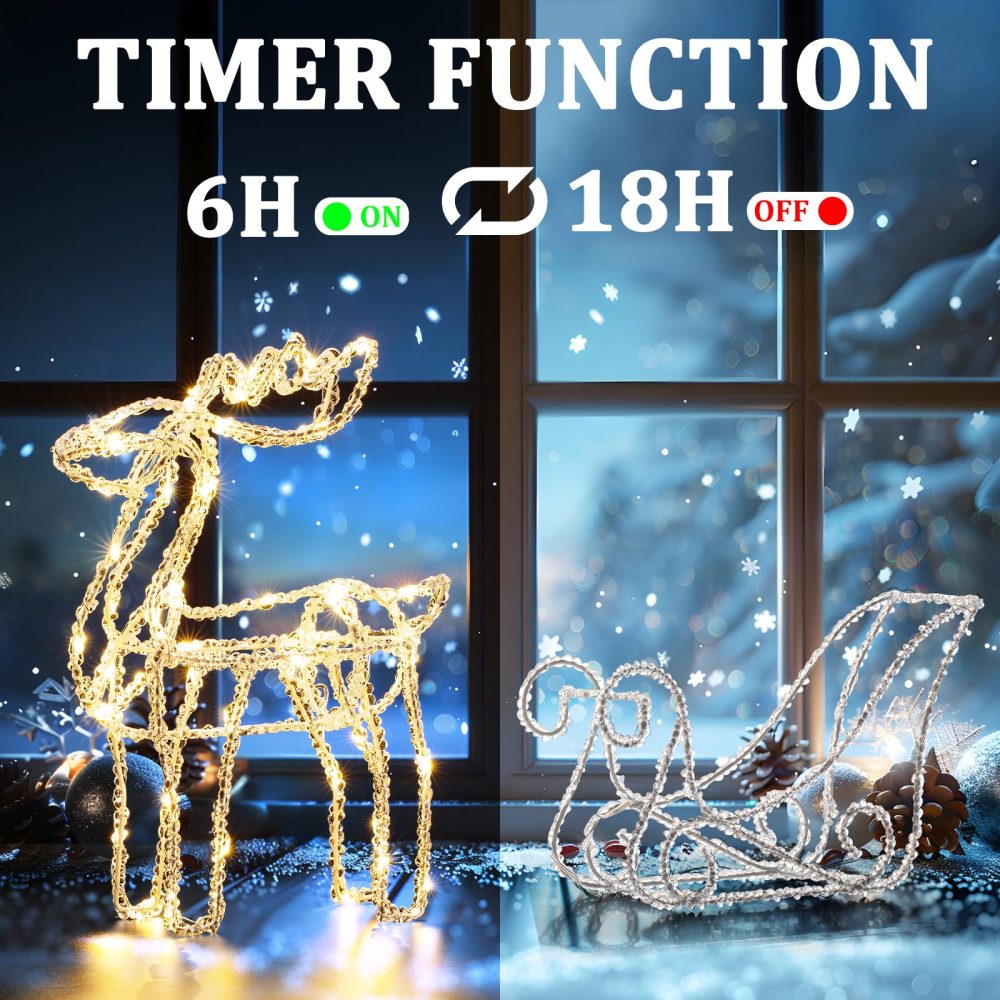 Quntis Reindeer and Sleigh Christmas Decorations Lights Warm White, 35cm 100 Led Reindeer Lights 8 Modes Timer & Memory, IP44 Light Up Reindeer Christmas Decorations Garden Outdoor Indoor Home Gift - Image 6