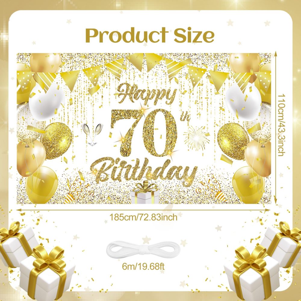 70th Birthday Decorations Banner for Women Men White Gold Happy 70th Birthday Banner Backdrop for White Gold 70th Birthday Party, 70th Anniversary Decorations 72x43 inch - Image 6