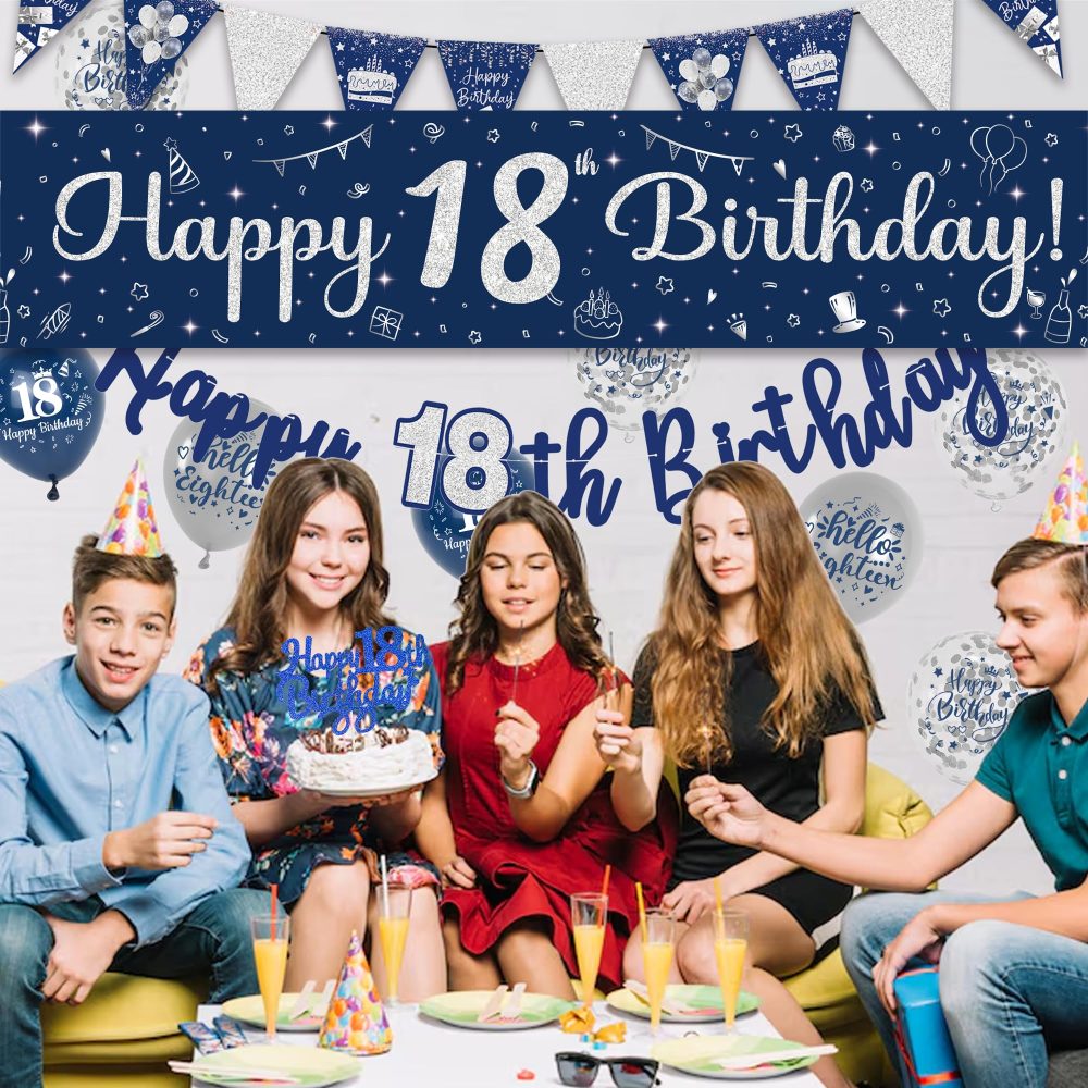 18th Birthday Decorations Boys Girls - 39Pcs Blue Silver Happy 18th Birthday Banner Set With Bunting Banners Sash 18th Latex Balloons Blue Cake Toppers for 18 Years Birthday Party Supplies - Image 3