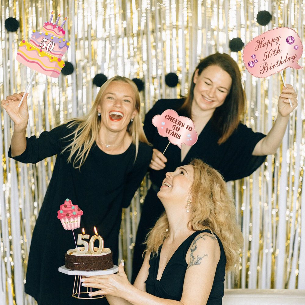 Rose Gold 50th Photo Props - 34 Pieces 50th Photo Booth Props Rose Gold Inflatable Selfie Frame 50th Birthday Photo Booth Props for Women Men 50th Birthday Party Supplies 50th Birthday Gift - Image 4