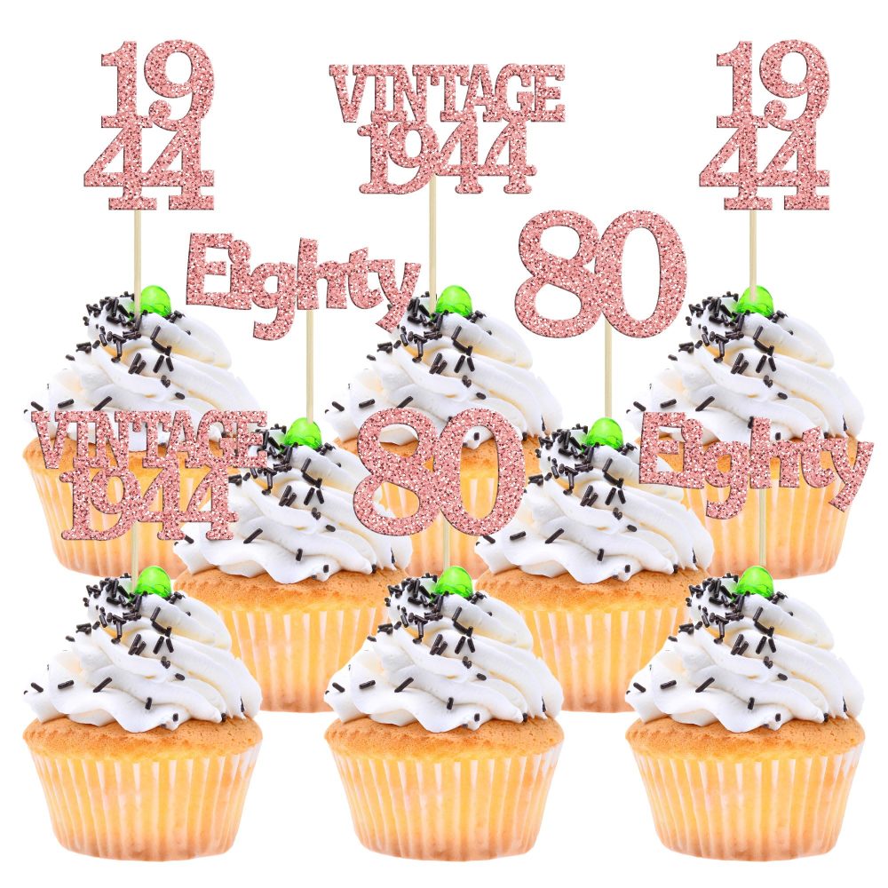 Gyufise 24Pcs 80th Birthday Cupcake Toppers Glitter Cheers to 80 Fabulous Eighty Vintage 1944 Cupcake Picks 80th Birthday Wedding Anniversary Party Cake Decorations Supplies Rose Gold
