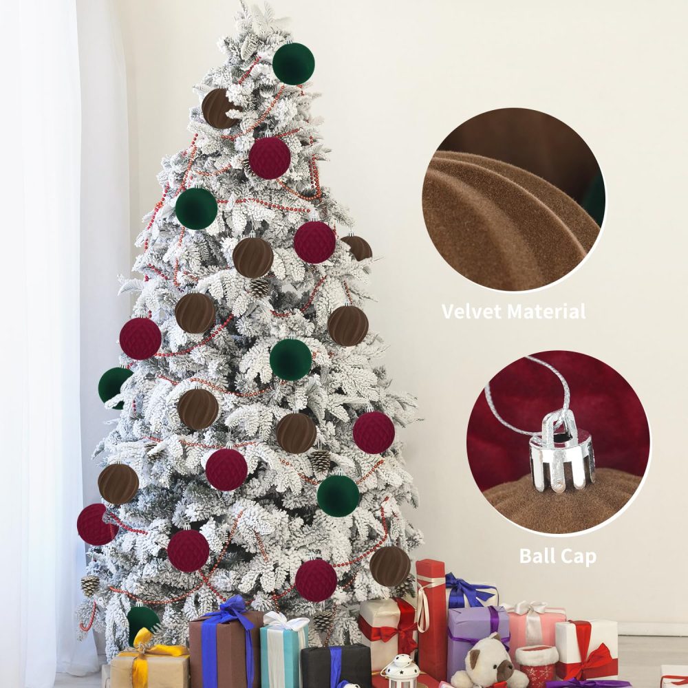 Miaikoe 15 Pcs Velvet Christmas Balls Hanging Ornaments Set, Pre-tied Shatterproof Plastic Flocked Christmas Balls Xmas Decorations Festival Holiday Party Decor (Brown,Red,Green,8CM) - Image 6