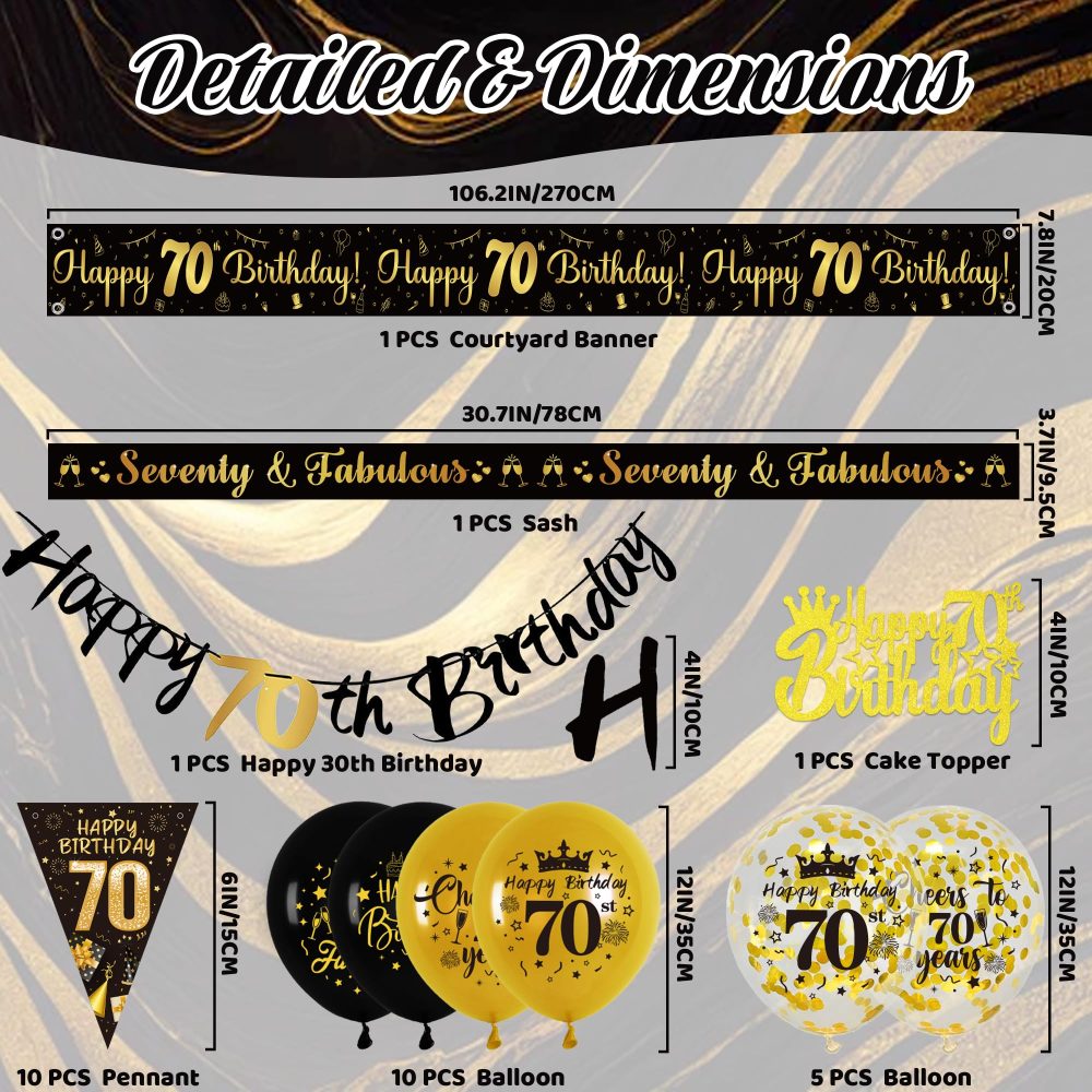70th Birthday Decorations for Men - Black and Gold Party Balloon Banner Decor Set with 70th Birthday Yard Banners Confetti Latex Balloons Happy Birthday Cake Topper for Men 70 Years Old Party Supplies - Image 7