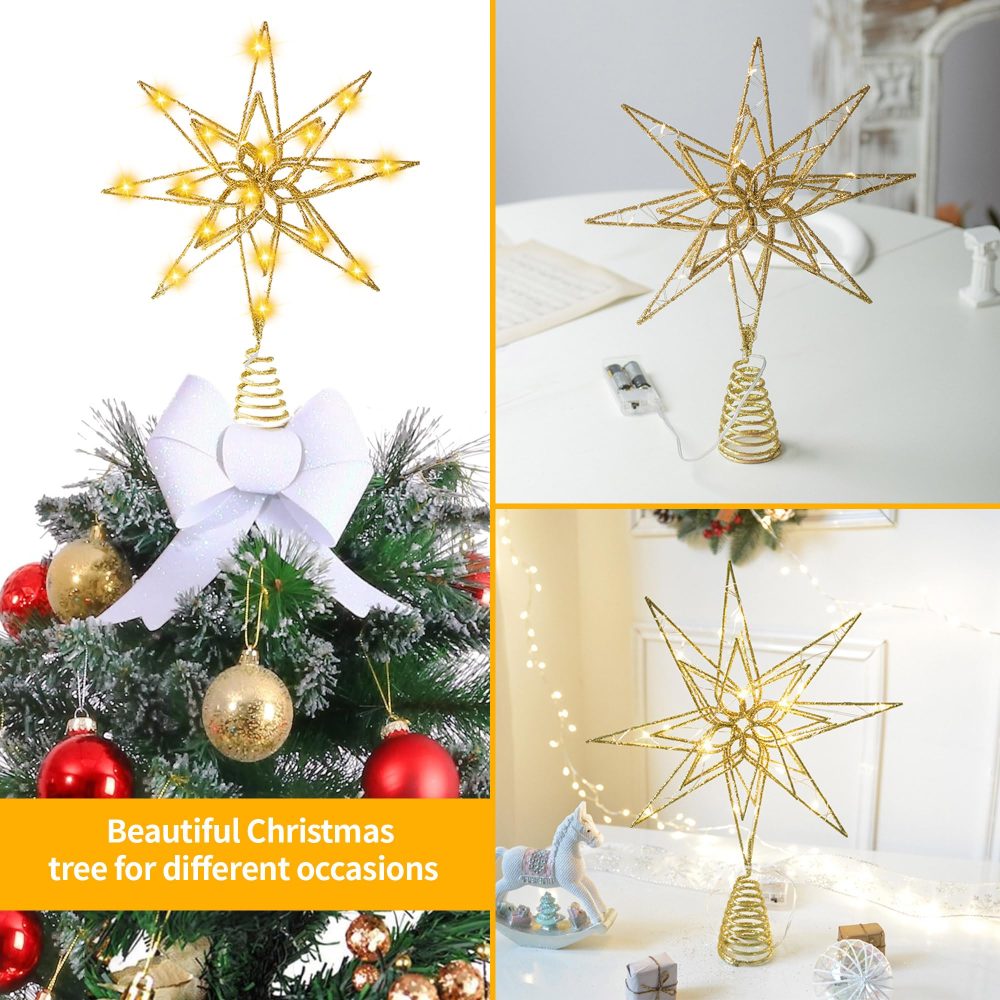 Christmas Tree Topper, Star Tree Topper, 20 LED Lights Christmas Decoration Tree Star for Indoor Office Festive Xmas New Year Holiday Tree Decorations (Gold Star) - Image 5