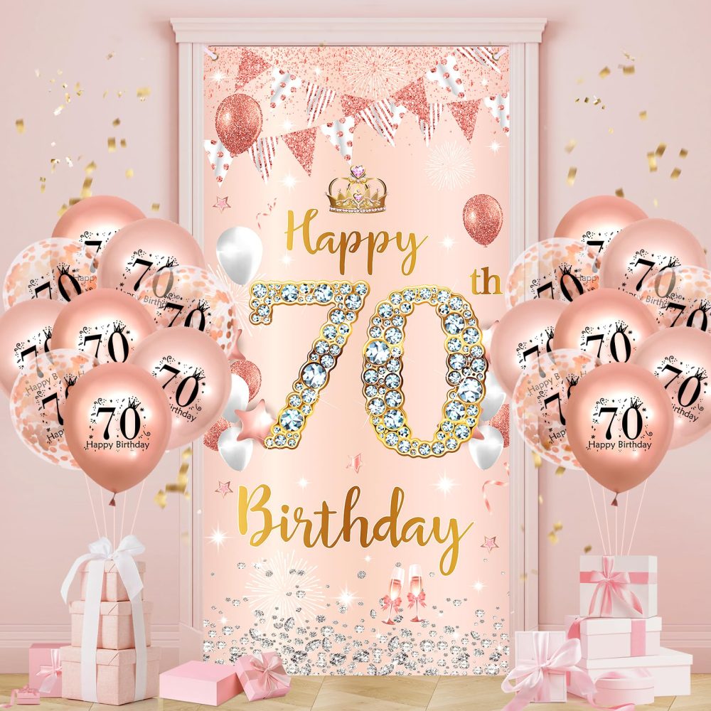 Rose Gold 70th Birthday Decorations Banner for Women, Happy 70th Birthday Door Banner with 18pcs 70th Balloons for Women 70th Birthday Anniversary Party Backdrop Decor Supplies Sign Porch Background