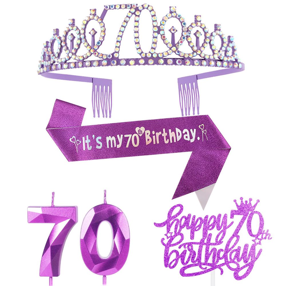 70th Birthday for Woman Decorations,Including Purple 70th Birthday Sash and Birthday Tiara Crown ,70th Birthday Candles Cake Topper Happy Birthday for 70 Year Old Her Gifts Party Supplies