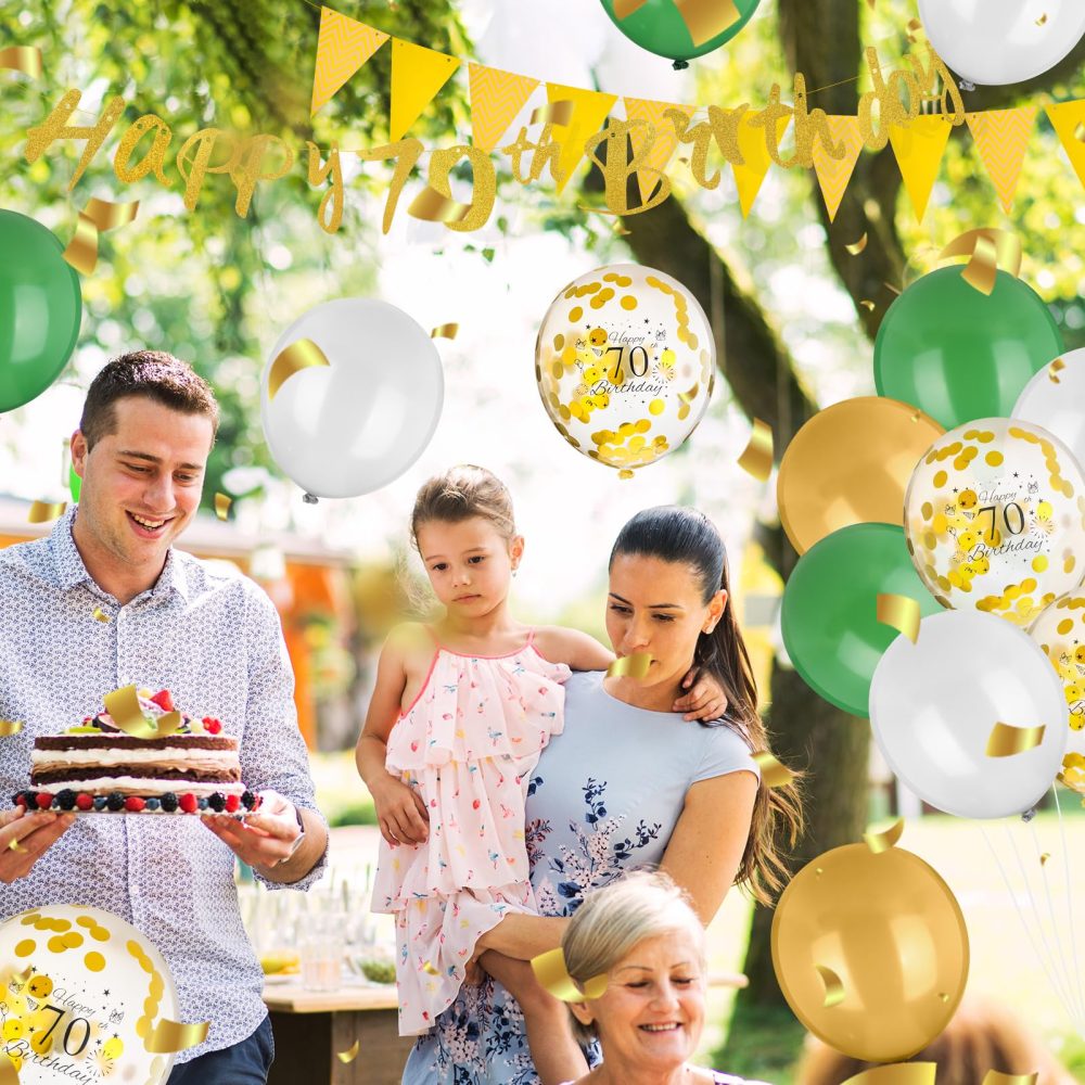GSrenyu 70th birthday decorations, Gold and Green Birthday Party Decorations Set With Happy 70th Birthday Banner, Number 70 Balloon Triangle Flag Latex Balloons Confetti Cake Topper for Men Women 70th - Image 2