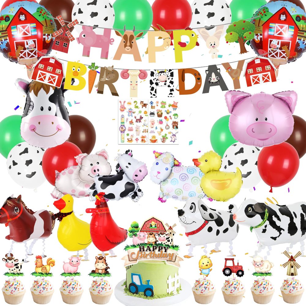 Farm Party Decorations Walking Animals - Animal Birthday Decoration with Walking Animal Balloons Cake Topper Cupcake Toppers Birthday Banner for Farm Theme Party Decor