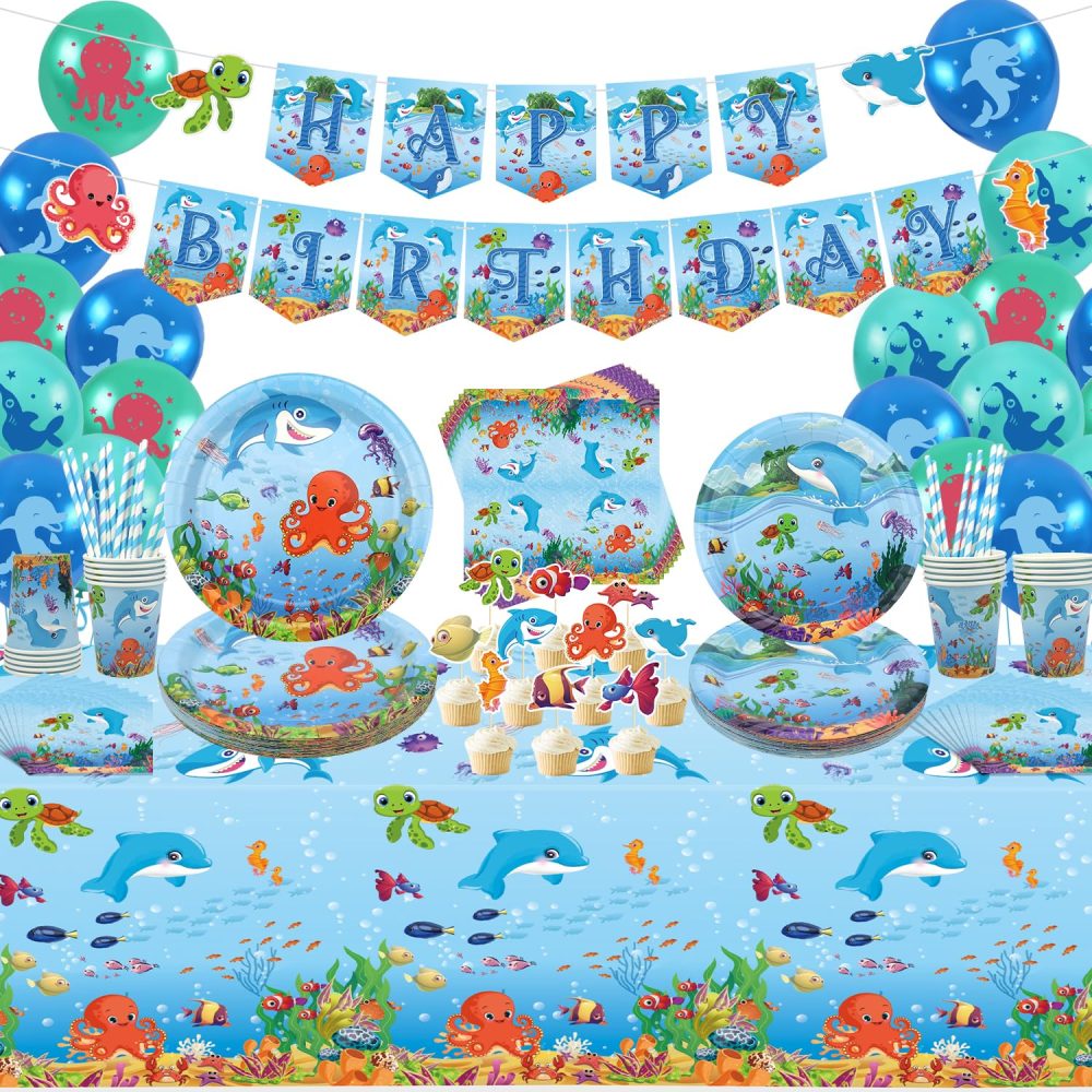 Under the Sea Party Supplies - Ocean Sea Party Tableware - Plates Cups Napkins Tablecloth Banner Balloons Cake Toppers for Underwater World Birthday Party Decorations, Serves 20