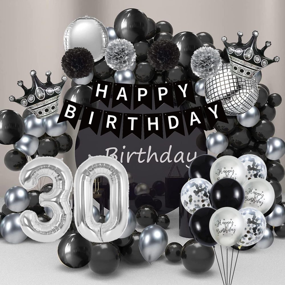 30th Birthday Decorations Black Silver - 51 Pieces Happy Birthday Decor, Silver Fringe Curtain, Paper Pompom, Love Crown, Birthday Banner, Silver Number 30 Balloon for Men Women 30th Birthday Supplies - Image 2