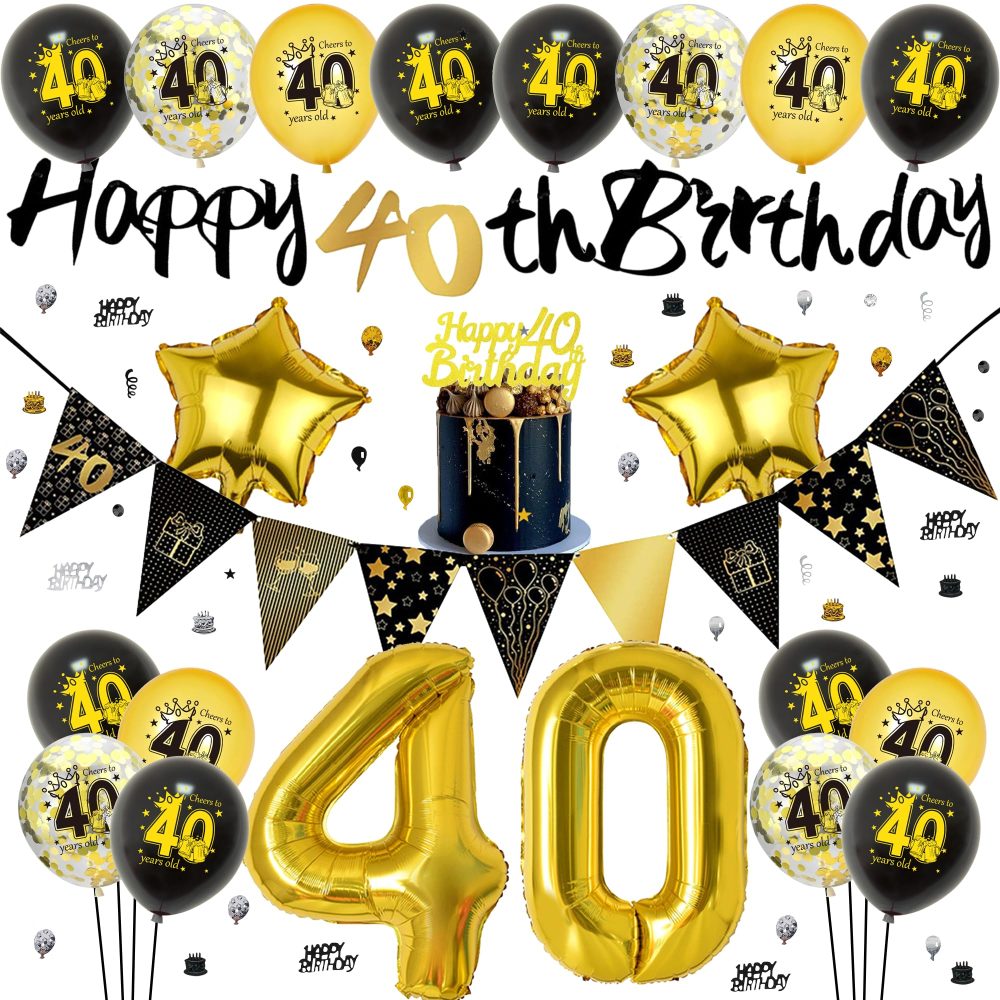 40th Birthday Decoration Black Gold - 31 Pieces 40th Birthday Decor, Happy Birthday Banner, Pennants, Cake Topper, Number 40 Foil Balloons, Star Foil Balloon for Women Men 40th Birthday Party Supplies