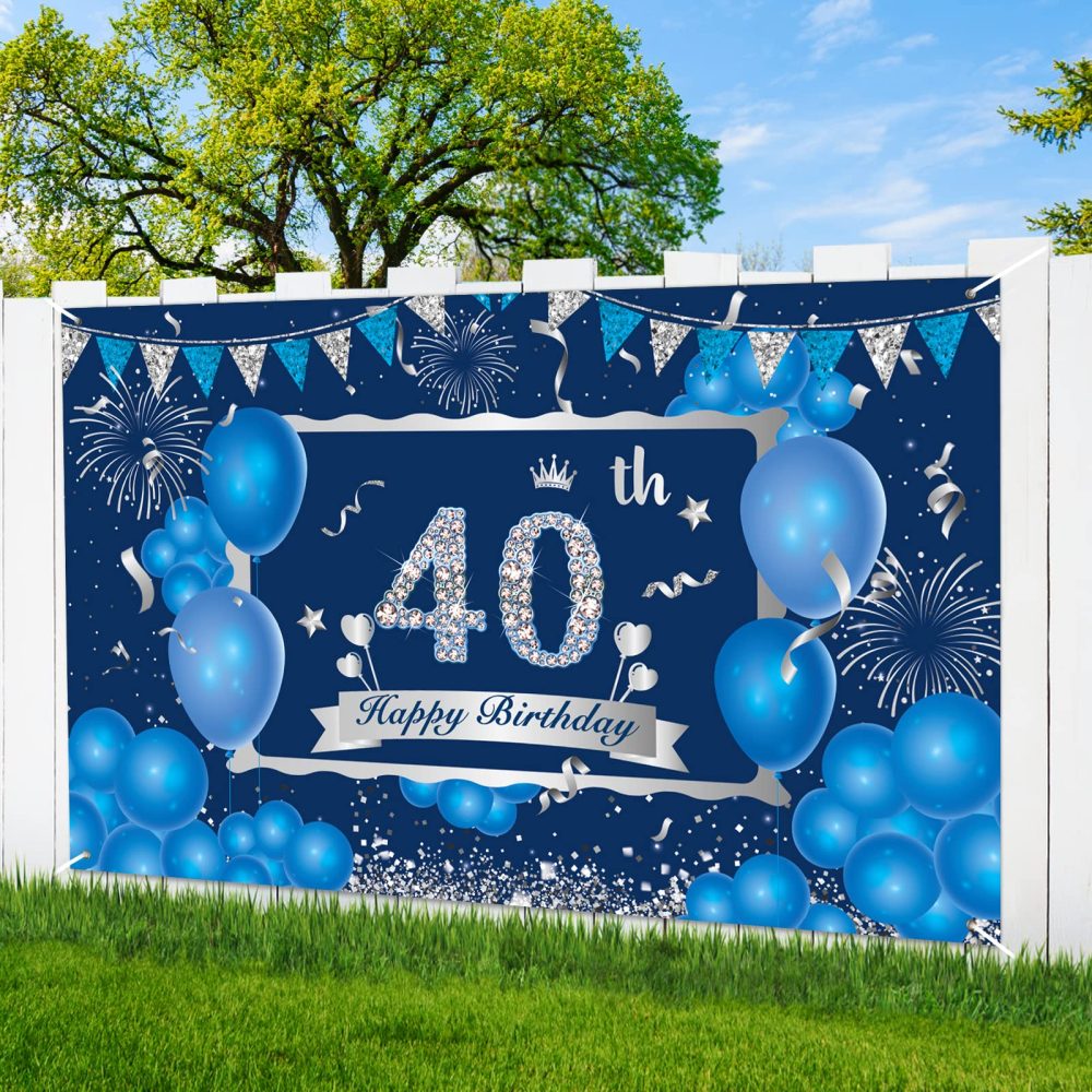 Blue 40th Birthday Decorations Banner for Men, Navy Blue Silver Happy 40th Birthday Banner Backdrop, Large Blue 40th Birthday Banner for 40th Birthday Party Decorations Supplies 72.8 x 43.3Inch - Image 2