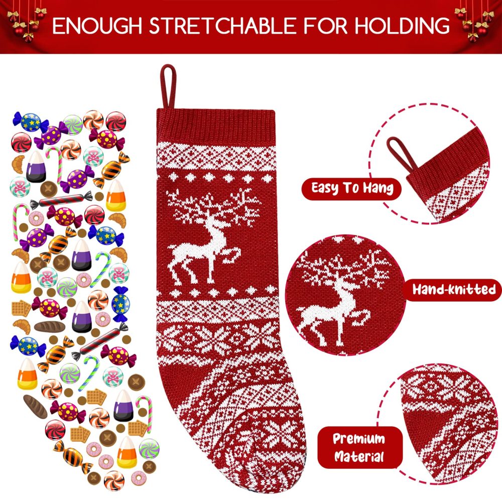 Knitted Christmas Stockings Set of 2, 18 inch Large Christmas Stocking Personalised Knitted Xmas Stocking Hanging for Fireplace Christmas Tree Decorations Sack, Santa and Reindeer Theme Gift Bags - Image 7