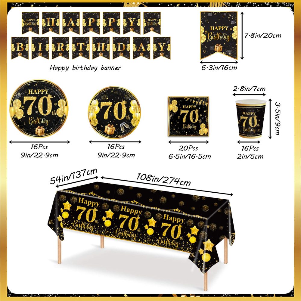 MORAINJAY 70Pcs 70th Birthday Tableware Black Gold,70th Birthday Cups Plates Napkins Tablecloth Paper Banner,70th Birthday Table Decoration Set for Men Women 70th Birthday Party Supplies(16 Guests) - Image 2