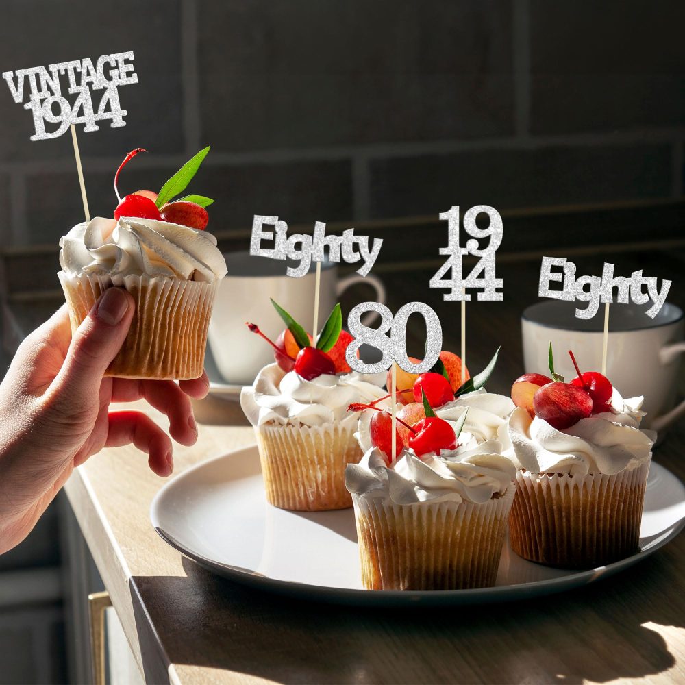 Gyufise 24Pcs Vintage 1944 Cupcake Toppers Glitter Cheers to 80 Fabulous Eighty Cupcake Picks 80th Birthday Wedding Anniversary Party Cake Decorations Supplies Silver - Image 4
