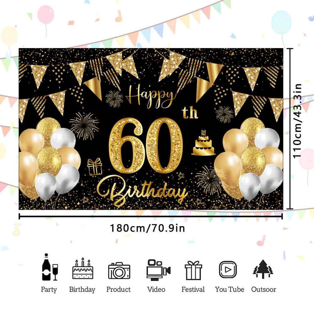 60th Birthday Decorations for Men Women Black Gold Happy Birthday Backdrop Banner Photography Background Birthday Party Supplies Gifts 180x110CM (60th-Birthday) - Image 5