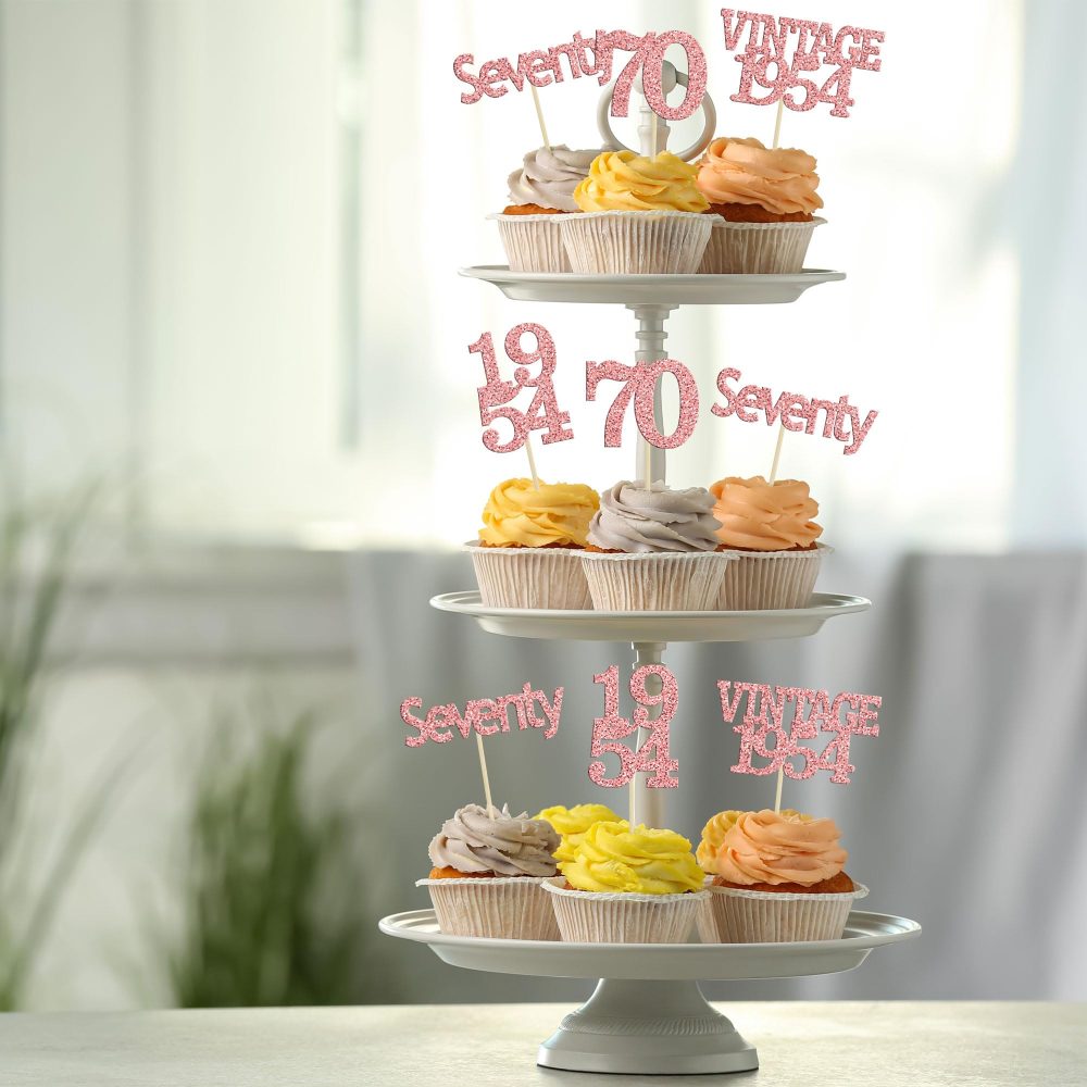 Gyufise 24Pcs 70th Birthday Cupcake Toppers Glitter Cheers to 70 Fabulous Seventy Vintage 1954 Cupcake Picks 70th Birthday Wedding Anniversary Party Cake Decorations Supplies Rose Gold - Image 5