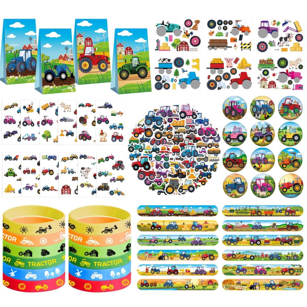 Tractor Party Favors - Farm Tractor Theme Birthday Party Supplies Decorations, Gift Bags, Slap Bracelets, Rubber Bracelets, Tattoo Stickers, Button Pin, DIY Stickers for Boys Girls Kids Party Favor