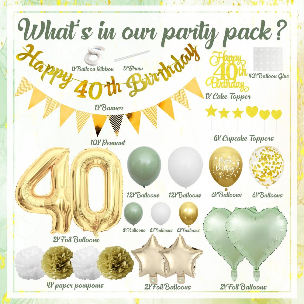 40th Birthday Decorations Women Men - Green Gold Birthday Party Decoration Balloons Set With Banners Paper Pom Confetti Latex Balloon Happy 40th Birthday Cake Toppers for 40 Years Birthday Supplies - Image 7