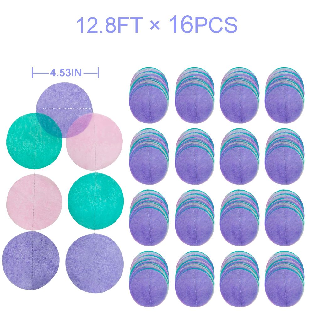 205Ft Purple Pink Teal Tissue Paper Garland Big Circle Dots Hanging Streamer Backdrop Polka Dot Bunting Banner for Little Mermaid Kids Birthday Wedding Baby Shower Under The Sea Party Decorations - Image 8
