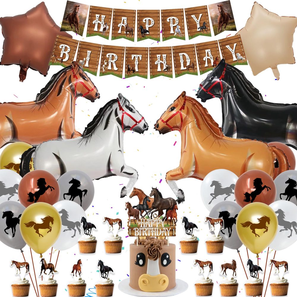 Horse Birthday Party Decorations Set - Horse Party Supplies Include Cake Topper Balloons Cupcake Toppers Banners for Horse Birthday Party Cowboy Party