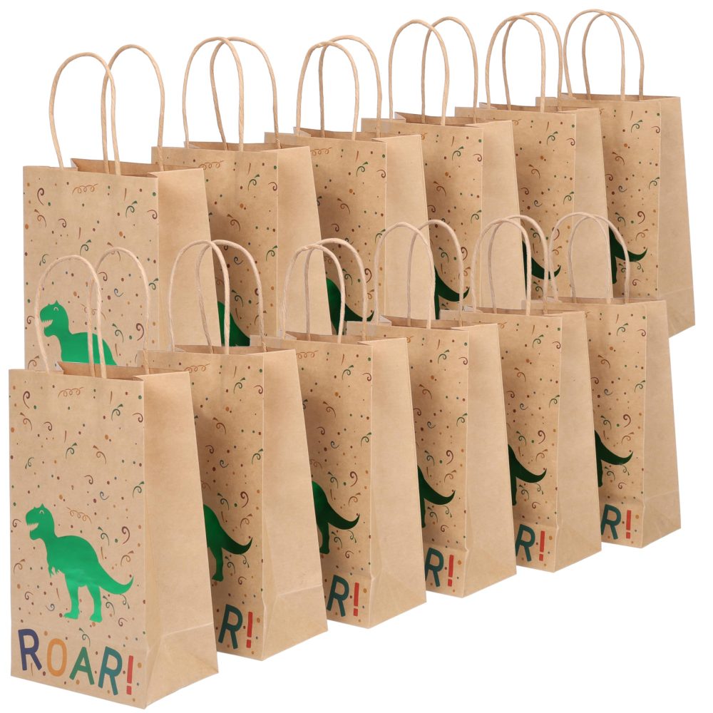 Belle Vous 24 Pack Paper Dinosaur Birthday Party Bags with Handle - Kids Dino Themed Pattern Party Favour, Goodie, Gift, Candy & Treat Loot Bag - Boys & Girls Baby Shower & Children Party Supplies