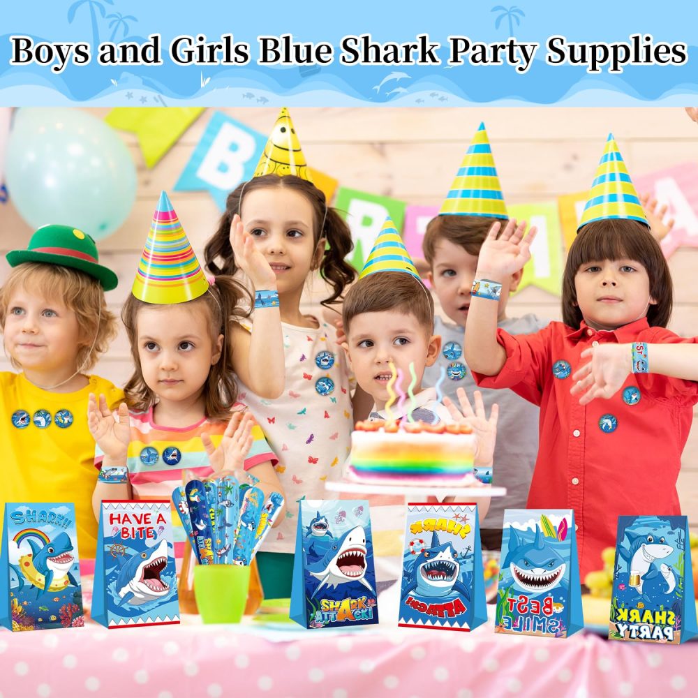 114PCS Shark Party Favors Set - 12 Shark Bracelets Wristbands 54 Shark Stickers 12 Shark Favor Bag 12 Shark Tattoo Stickers 12 Shark Notepads 12 Shark Button Pins for Ocean Shark Party Supplies - Image 3
