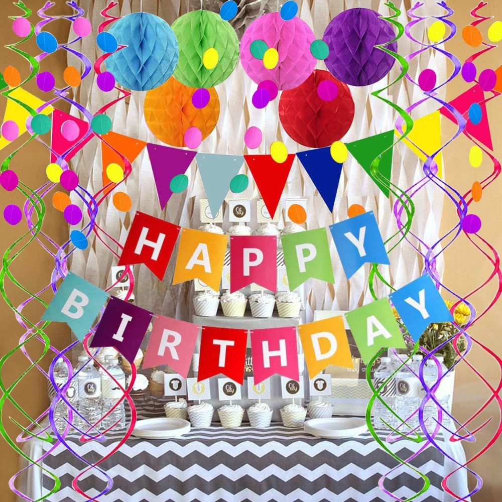Birthday Party Decorations, Rainbow Happy Birthday Decorations Set, Happy Birthday Banner, Bunting, Metallic Hanging Swirls, Circle Parper Garland, Honeycomb Decorations Set for Girls and Womens - Image 7