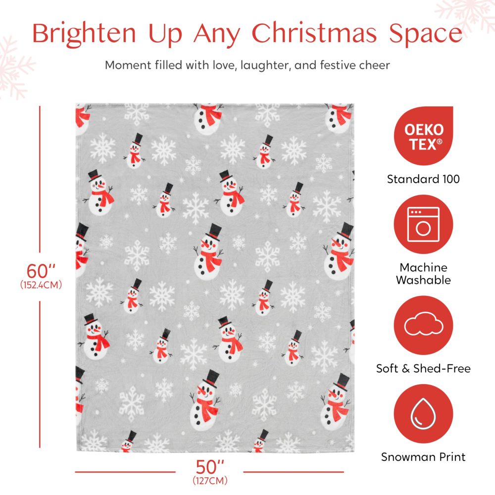 Joiedomi Gray Snowman Christmas Throw Blanket (130x150cm), Soft Flannel Blanket, Warm Plush Christmas Decoration, Winter Cozy Holiday Cabin Throw for Sofa Couch - Image 3
